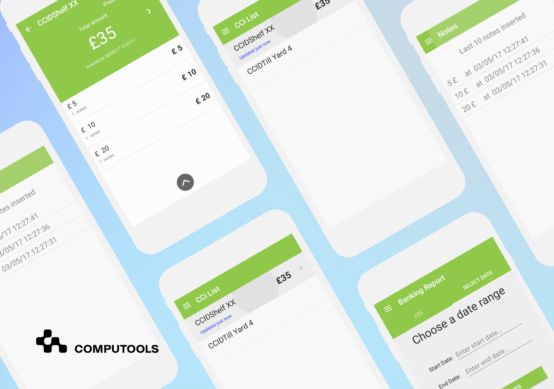 Cash-handling Android app screens