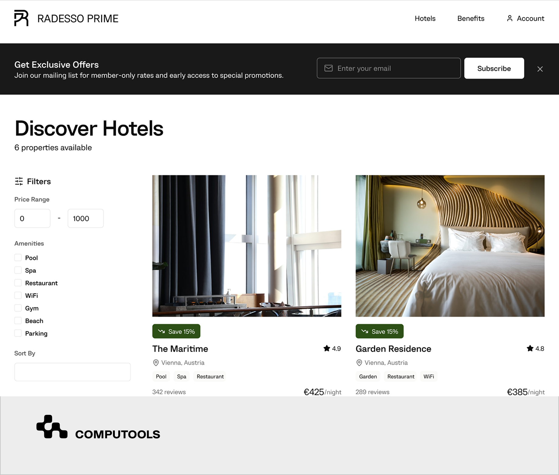 This is a user interface of custom direct booking platform for a hotel group.